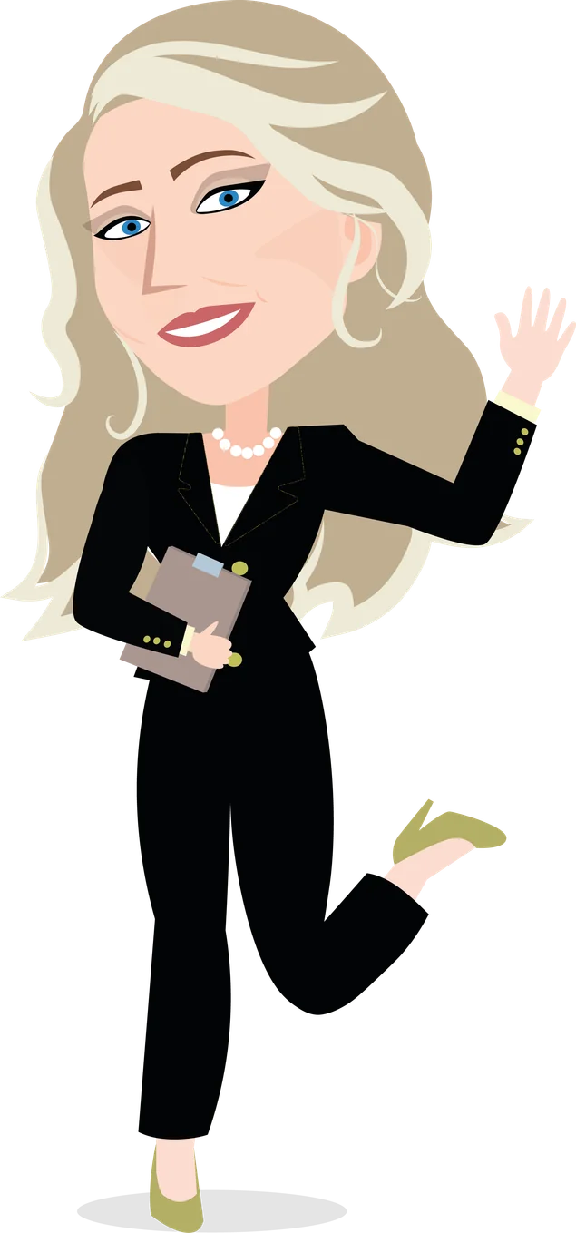 Avatar ilustrado de colaboradora com terninho preto acenando