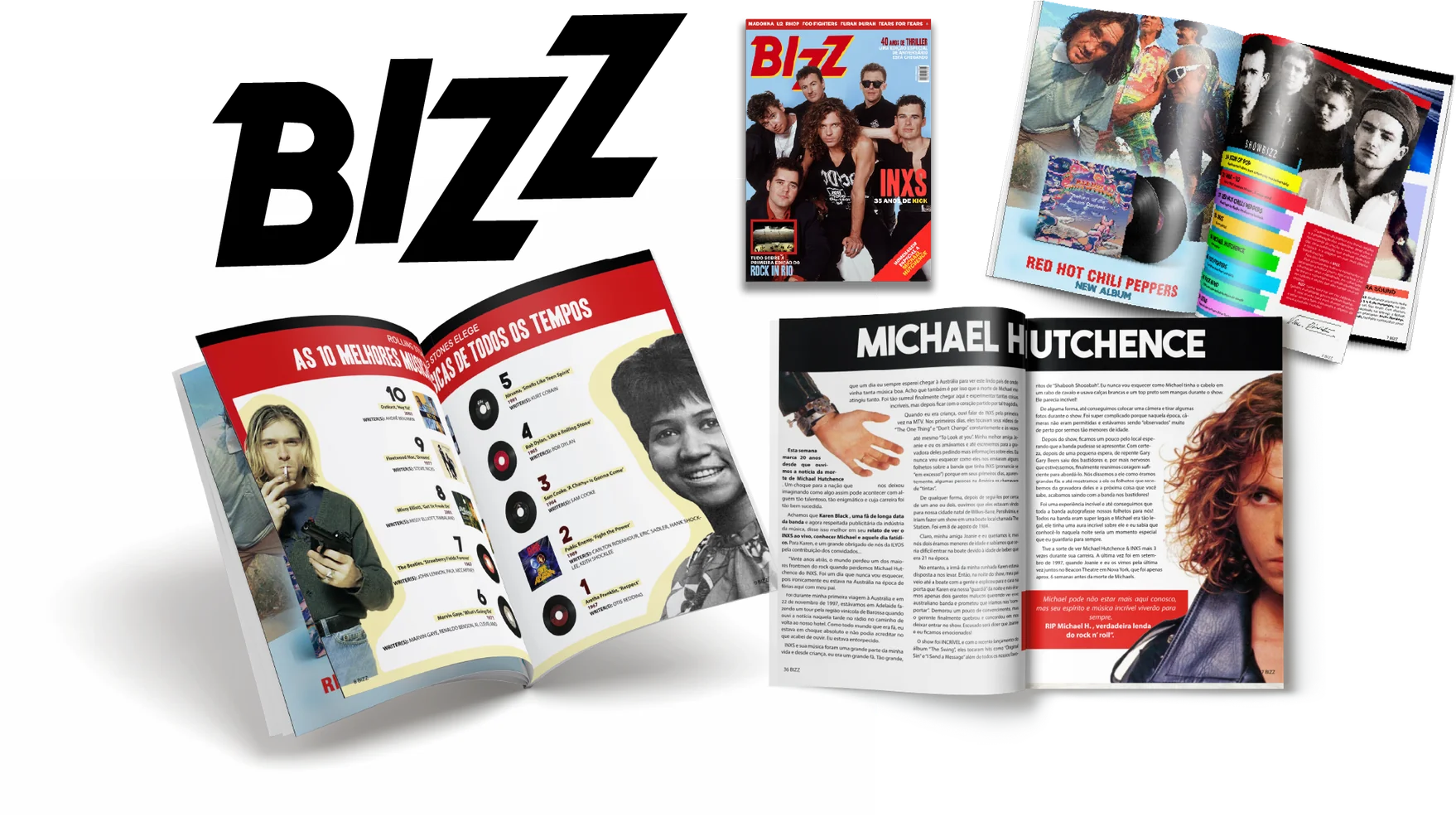 Diagramação da revista Bizz: capa com INXS, matéria Red Hot Chili Peppers, ranking dos 10 melhores discos e matéria sobre Michael Hutchence